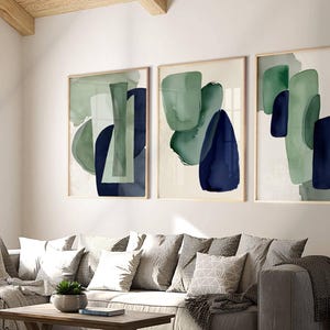 Abstract Wall Art Prints: Navy Blue and Green Modern Set of 3 - Etsy
