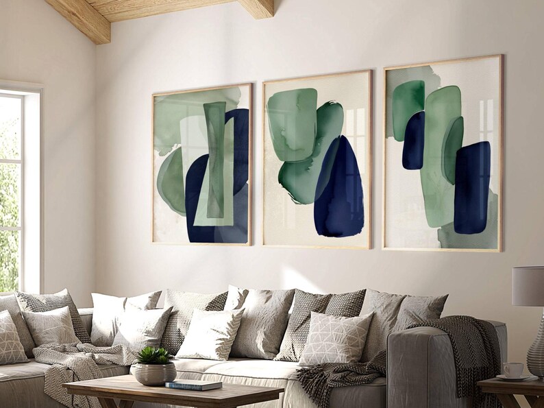 Abstract Wall Art Prints: Navy Blue and Green Modern Set of 3 - Etsy