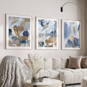 Blue wall art, abstract art prints, blue home decor, hallway prints, above bed art, new home gift, living room decor, 3 piece wall art