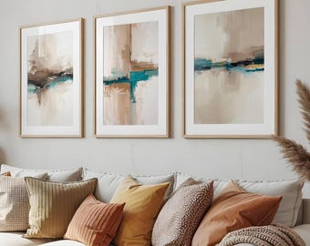 Teal and Neutral Abstract Wall Art Prints: Modern Home Decor, Set of 3