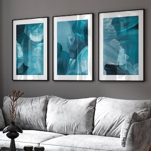 Láminas abstractas de arte mural en color turquesa: Juego de 3, decoración para sala de estar