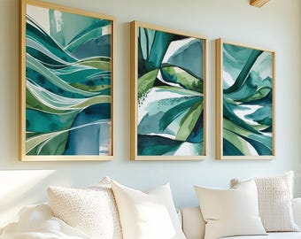 Teal and Blue Abstract Landscape Print Set: 3 Piece Wall Art