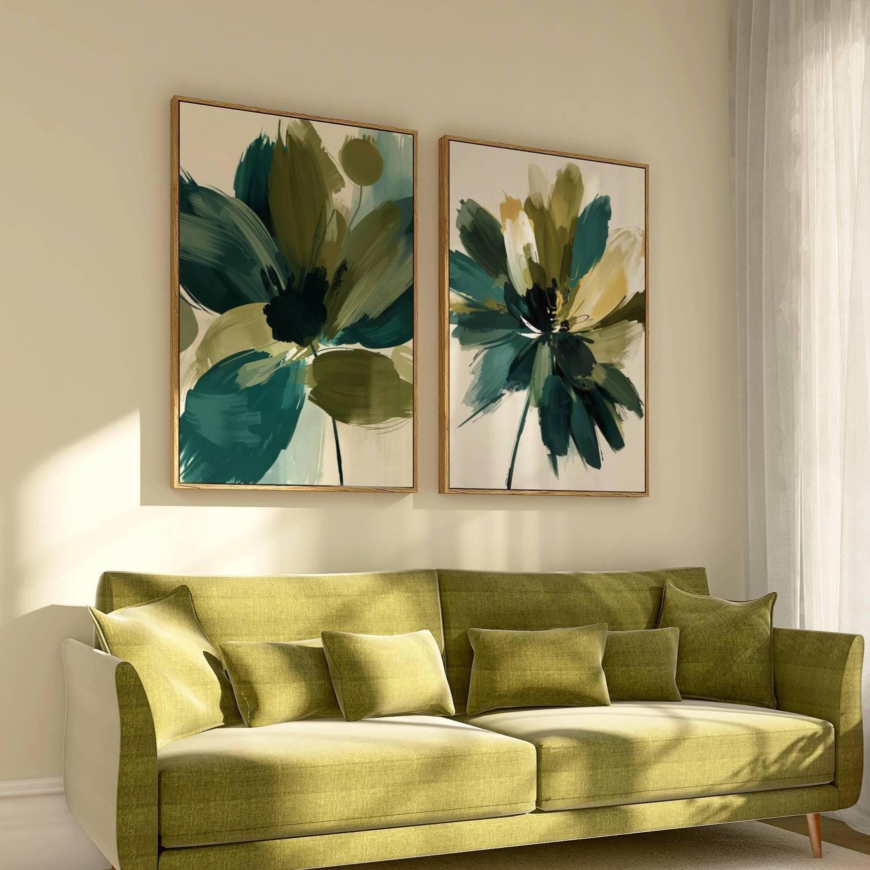 Abstract Floral Prints: Olive Green and Teal Modern Wall Art, Set
