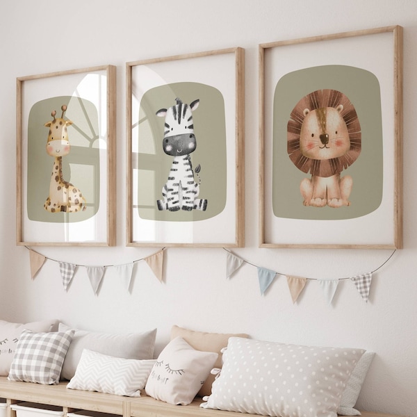 Safari-Kinderzimmer-Wandkunst, Boho-Kinderzimmer-Drucke, salbeigrüne Kinderzimmer-Wandkunst, Spielzimmerdekor, Safari-Kinderzimmer, Boho-Kinderzimmer-Wandkunst, 3er-Set