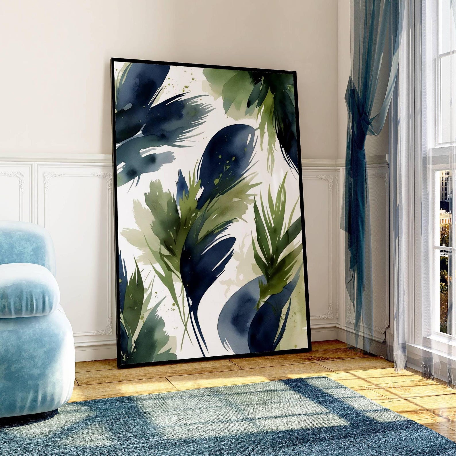 Abstract Feather Print Set: Navy Blue and Olive Green Wall Art - Etsy