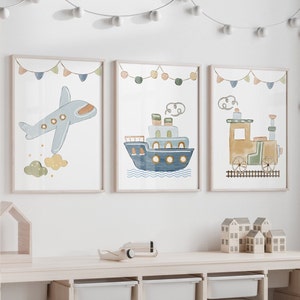 Stampe per la cameretta dei bambini, decorazioni per la cameretta dei bambini, regalo per ragazzi, aerei, treni, arte murale con barche, stampe sui trasporti, decorazioni per la cameretta dei bambini blu, decorazioni per la sala giochi, set da 3