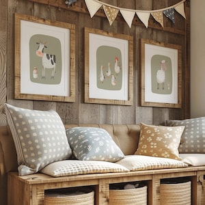 Arte murale per bambini verde salvia, decorazioni per bambini in stile fattoria, set di 3 stampe quadrate di animali da fattoria, cameretta per bambini neutra, regalo per neonati, cameretta per bambini