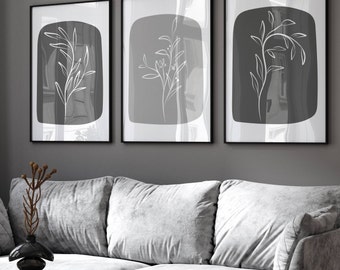 Grey wall art, living room decor, set of 3 grey prints, plant leaf prints, botanical plant prints, grey bedroom wall art, grey home decor