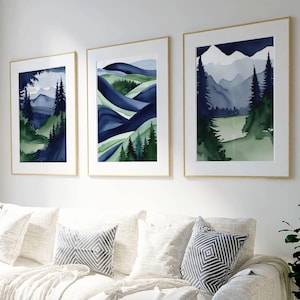 Arte murale con paesaggi, stampe astratte, arte moderna di montagna, decorazioni per la casa blu e verde, soggiorno blu navy, arte per camera da letto, set da 3 pezzi, arte della natura