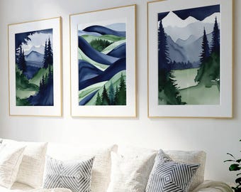 Abstract Mountain Landscape Print Set: Blue Green Modern Wall Art