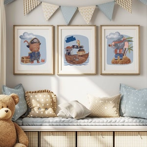 Láminas de guardería pirata, arte de pared de guardería azul, dormitorio de niño azul, temática de guardería pirata, guardería de bebé recién nacido, regalo de cumpleaños para niño, decoración de sala de juegos