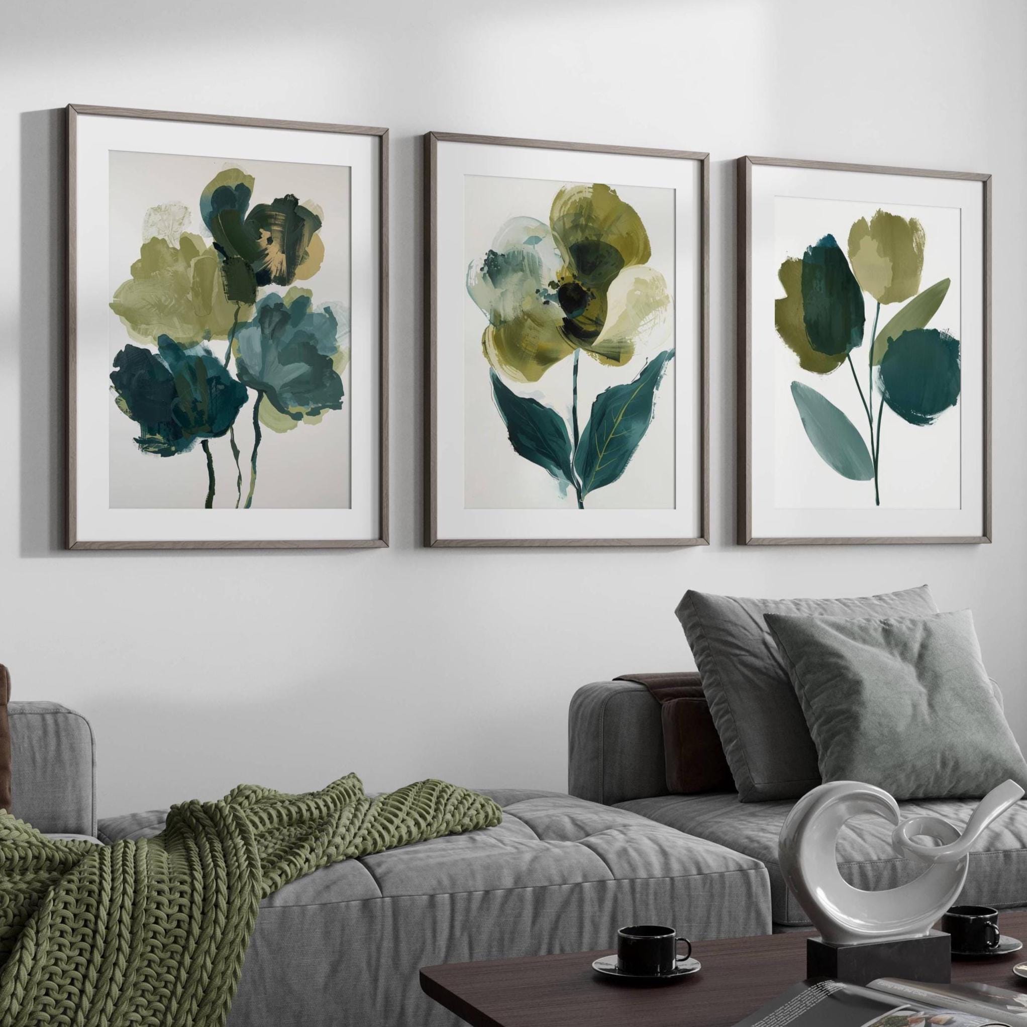 Abstract Floral Wall Art Prints: Olive Green and Teal, Set of 3 - Etsy
