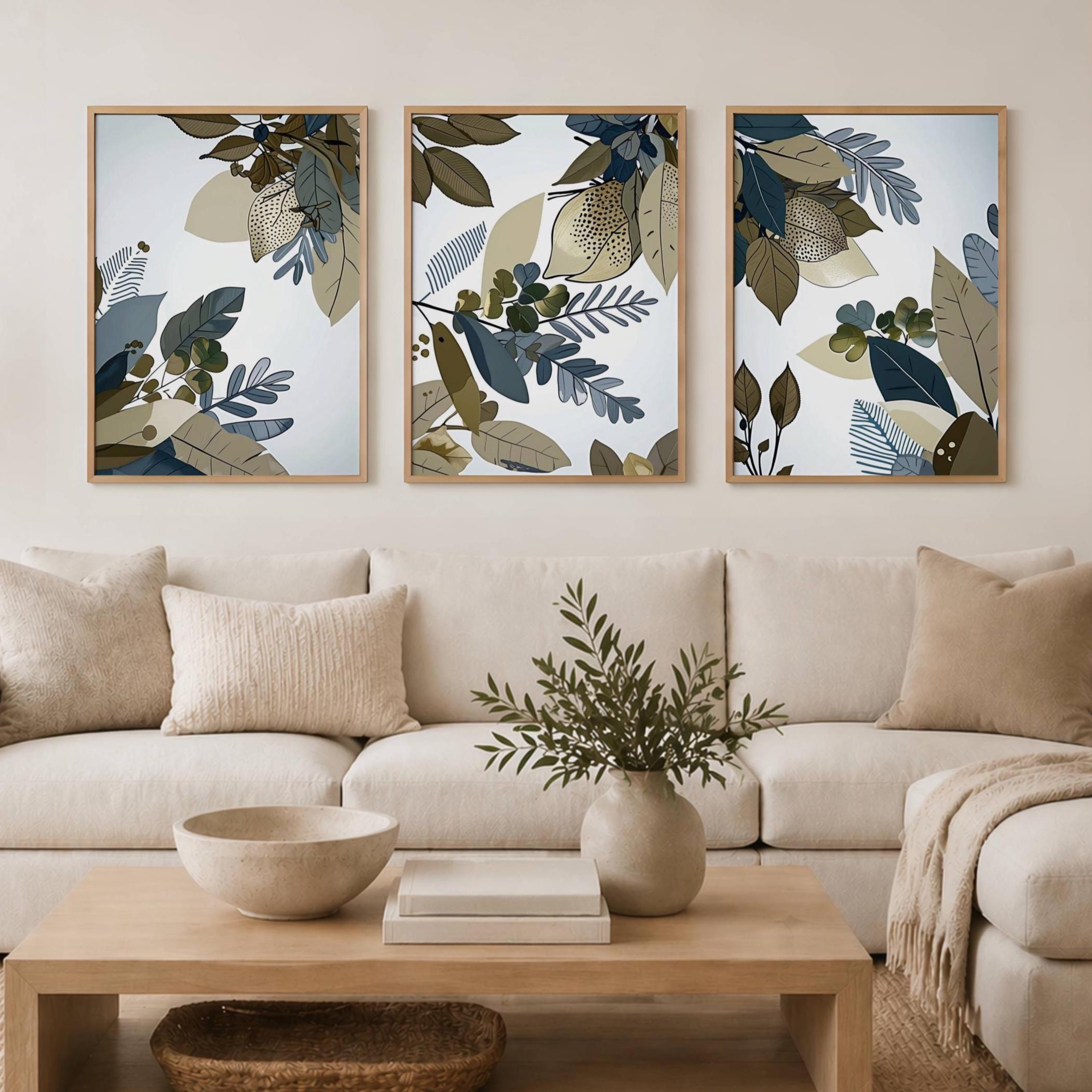 Abstract Plant Wall Art Prints: Navy Blue & Sage Green, Set of 3