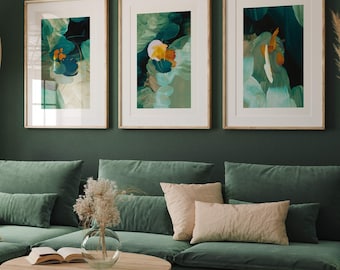 Green wall art, green prints, abstract wall art, modern green home decor, living room wall art, green bedroom decor, hallway prints,set of 3