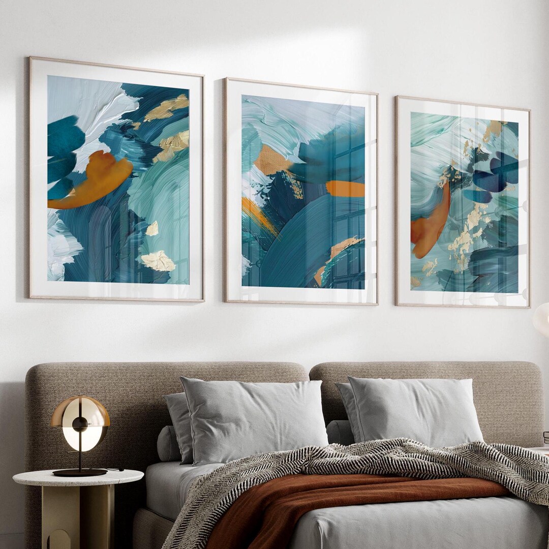 Teal Abstract Wall Art Prints: Terracotta Accent, 3 Piece Set - Etsy