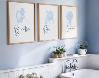 Blue Bathroom Wall Art: Translucent Flower Prints, Set of 3 - Etsy