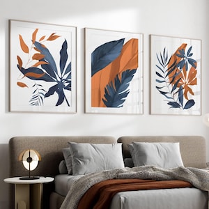 Stampe di piante blu navy e arancione bruciato, set di 3, arte murale per camera da letto, stampe per corridoio, grande arte murale botanica, arredamento per la casa, arte murale blu navy e arancione
