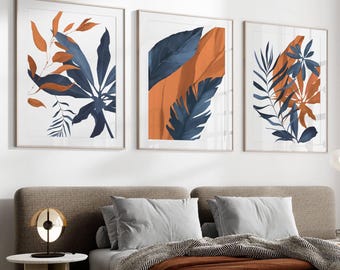 Navy & burnt orange plant prints, set of 3, bedroom wall art, hallway prints, large botanical wall art, home decor, navy and orange wall art