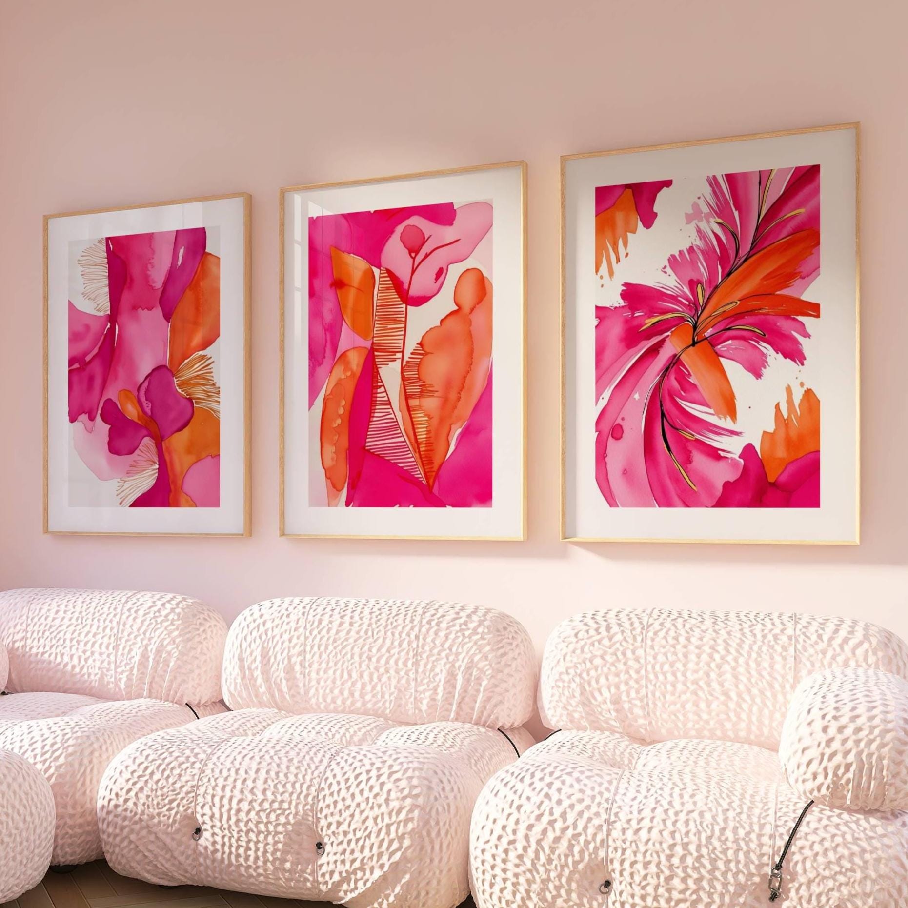 Pink and orange abstract wall art, modern home decor, set of 3 prints, above bed art, hallway prints, office decor, living room wall art