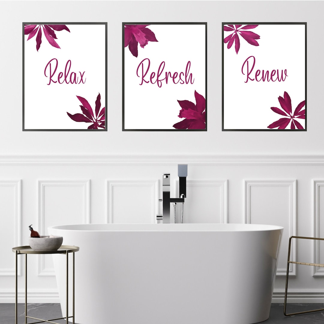 Bathroom Prints, Pink Bathroom Wall Art, Set of 3 Bathroom Prints, Magenta Wall Art, Pink ...