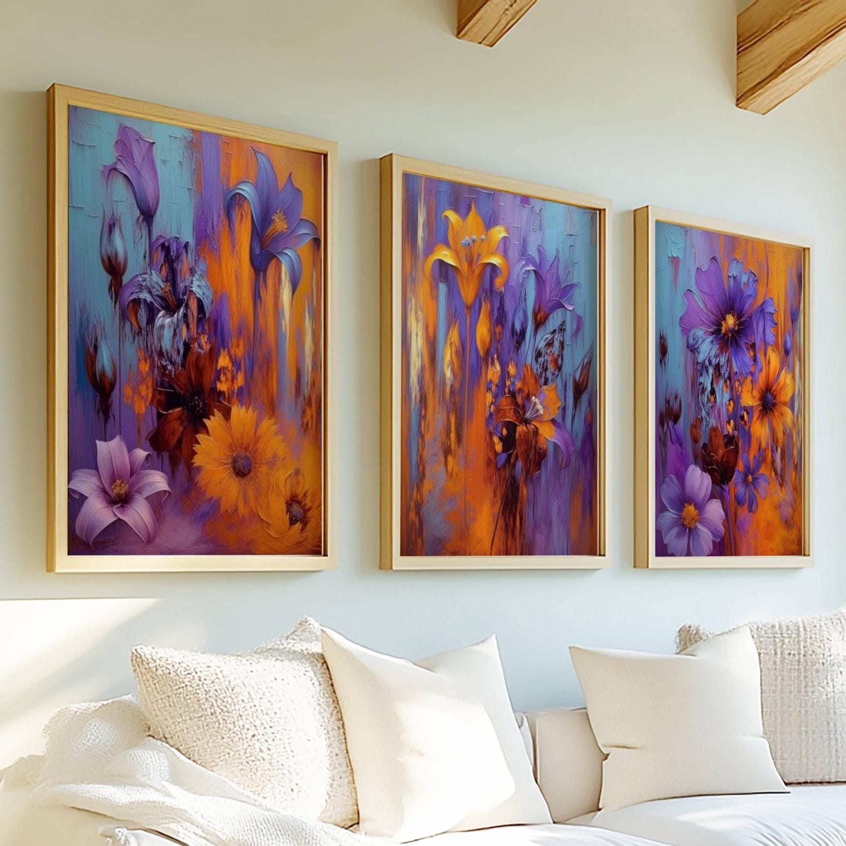 【 L出品 】 50×40cm size art Abstract Wall Art: Purple & Orange Floral Triptych, Set of 3 - Etsy