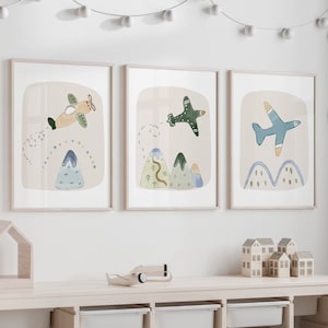 Stampe neutre per la cameretta dei bambini, decorazioni per la cameretta dei bambini, regalo per ragazzi, stampe murali con aerei, stampe sui trasporti, decorazioni per la cameretta dei bambini in blu e verde, decorazioni per la sala giochi, set da 3