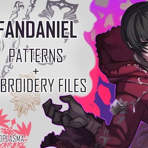 May include: A digital illustration of a character with black hair and a red hooded jacket. The character is surrounded by a purple and pink background. The text "FANDANIEL PATTERNS + EMBROIDERY FILES BY ECOPLASMA" is at the top of the image.