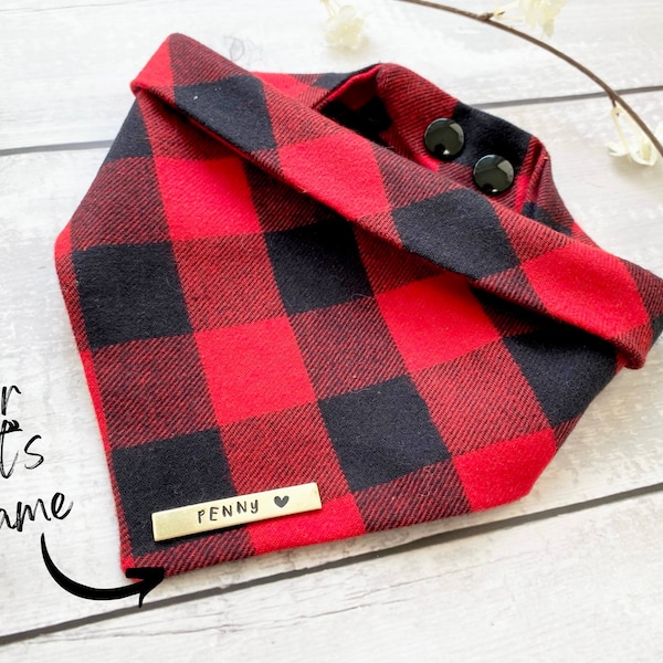 Red Buffalo Plaid Dog Bandana // bandana with name / bandana with snaps / personalized bandana / cat bandana / custom bandana / pet gift