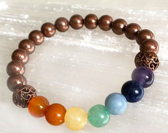 Copper 7 Chakra Crystal Bracelet Adjustable Stretchy 8 mm Polished Gemstone Beaded Bracelet
