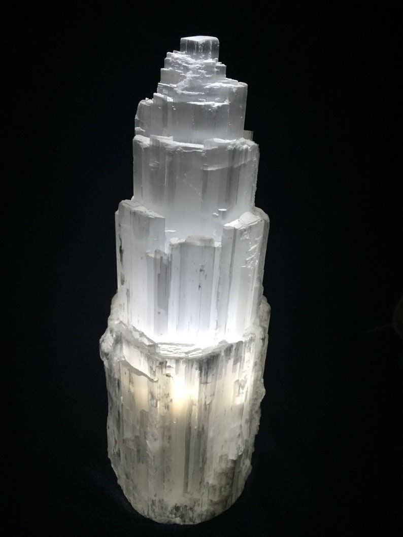 16 " Extra Large Selenite Tower Lamp White Natural Crystal Light LED Cord XL Selenite Lamp image 8