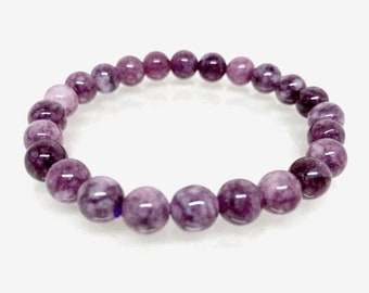 Pulsera de lepidolita de 8 mm con cuentas de piedras preciosas pulidas y elástica, color morado