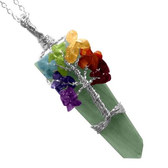 Handmade Quartz Crystal 7 Chakra Wire Wrap Pendant – Tree Of Life Design, Silver, 2.25 Inch