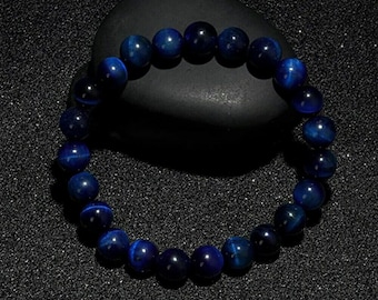 Natural Blue Tigers Eye Bracelet Round Stone Bead Hawk Eye Healing Gemstone Men 8 mm