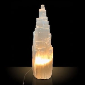 16 " Extra Large Selenite Tower Lamp White Natural Crystal Light LED Cord XL Selenite Lamp image 9