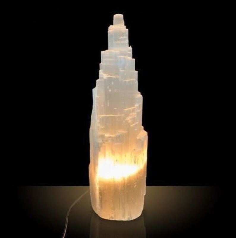 16 " Extra Large Selenite Tower Lamp White Natural Crystal Light LED Cord XL Selenite Lamp image 9