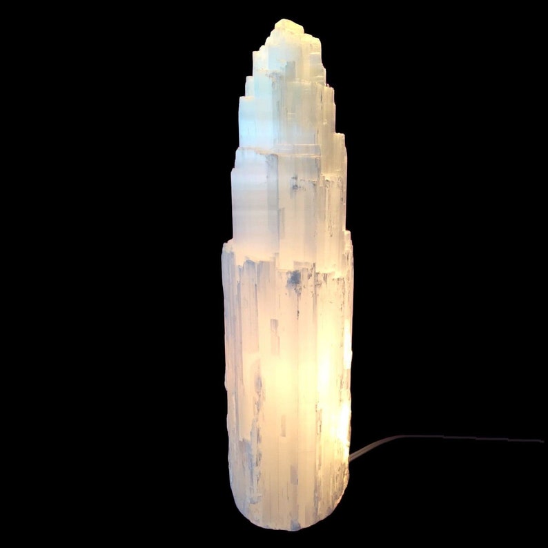 16 " Extra Large Selenite Tower Lamp White Natural Crystal Light LED Cord XL Selenite Lamp image 5