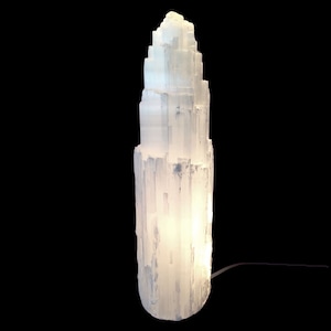16 " Extra Large Selenite Tower Lamp White Natural Crystal Light LED Cord XL Selenite Lamp image 2