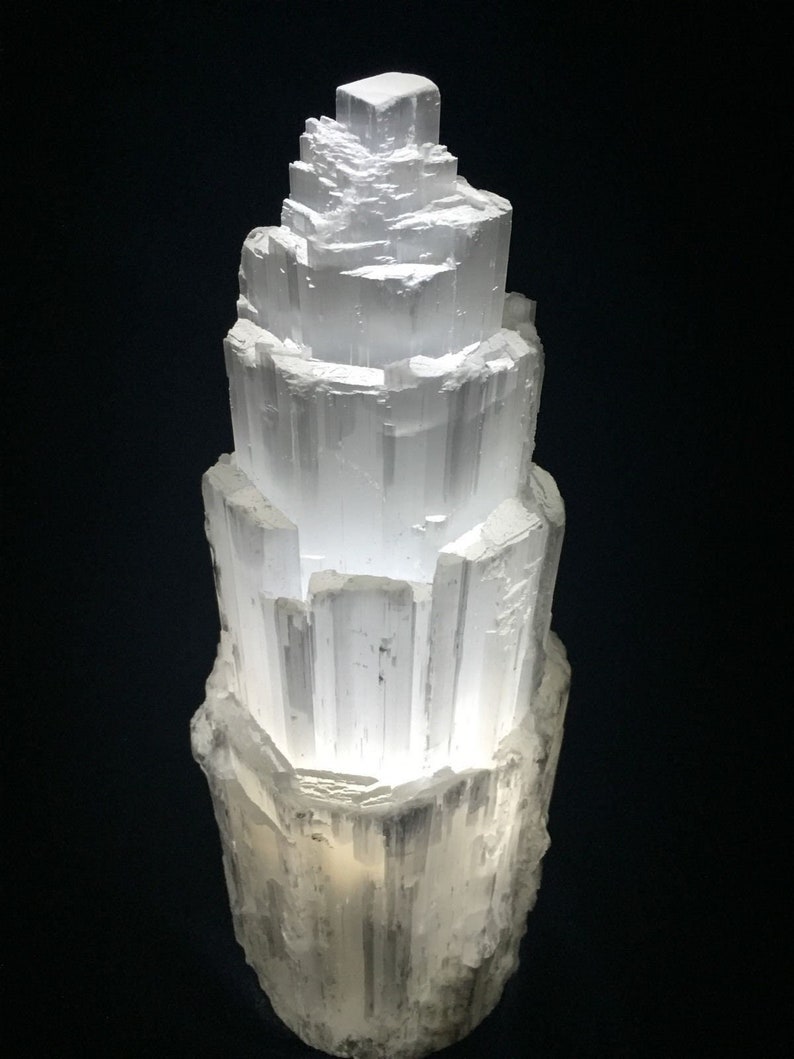 16 " Extra Large Selenite Tower Lamp White Natural Crystal Light LED Cord XL Selenite Lamp image 4