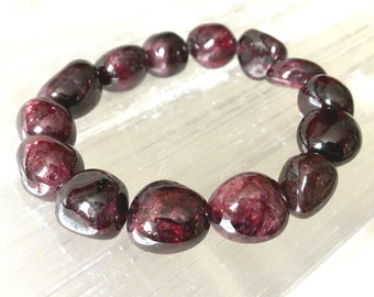 10 mm Red Garnet Bracelet Polished Stone Beads Natural Gemstone Nugget Bracelet