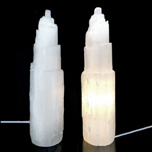 16 " Extra Large Selenite Tower Lamp White Natural Crystal Light LED Cord XL Selenite Lamp image 3