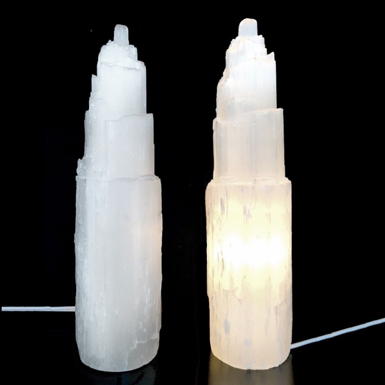 16 " Extra Large Selenite Tower Lamp White Natural Crystal Light LED Cord XL Selenite Lamp image 3