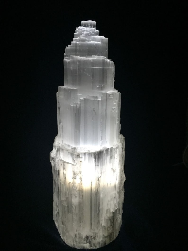 16 " Extra Large Selenite Tower Lamp White Natural Crystal Light LED Cord XL Selenite Lamp image 6