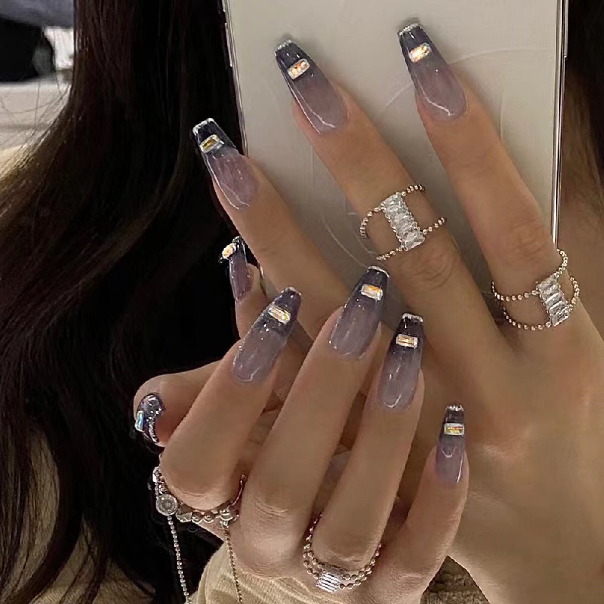 Dark Style Clip-on Nude Fake Nails French Tip Glitter Diamonds - Etsy