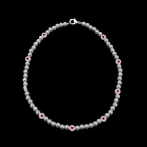 handmade, pearls, white glass heart beads coquette necklace