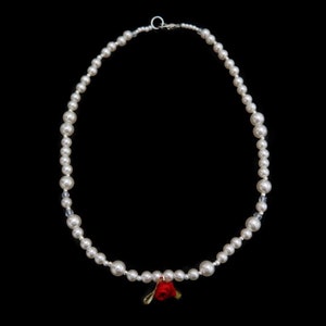 handmade, pearls, red and white glass bead rose coquette necklace