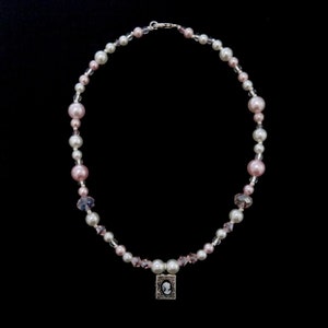 handmade, pearls, pink and white glass beads coquette book charm necklace