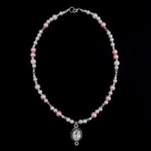 handmade, pearls, pink and white glass beads coquette crystal pendant necklace