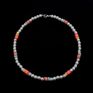 handmade, pearls, pink and white glass record beads coquette preppy necklace