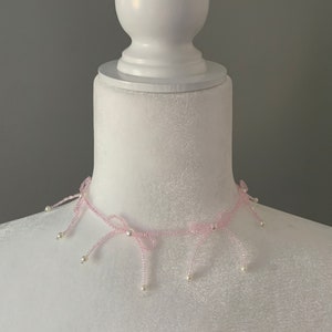 handmade, pearls, bow pink and white glass beads coquette preppy necklace