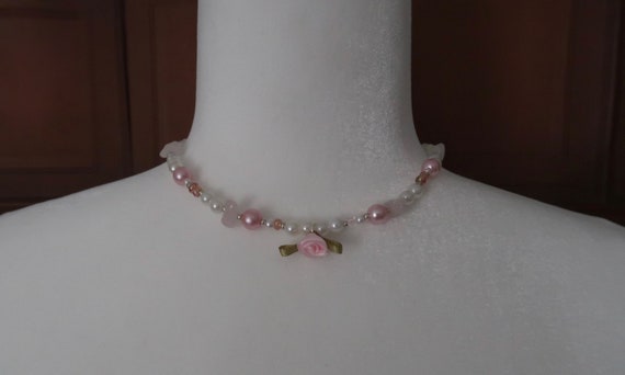 New Cute Coquette Y2k Pink Strawberry Pearl Necklace w/ Green Leaves Tulip  Beads